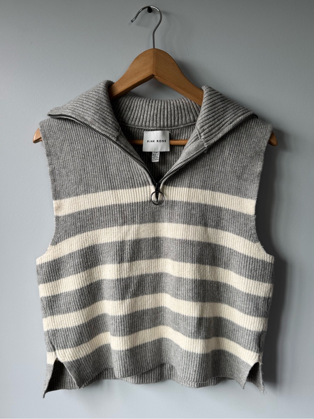 Pink Rose Gray and Cream Striped Sleeveless Sweater Vest